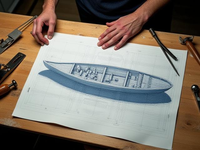 カスタム木製ボートの設計図と工具