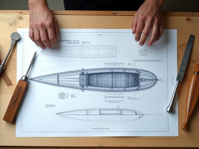 カスタム木製ボートの設計図と工具