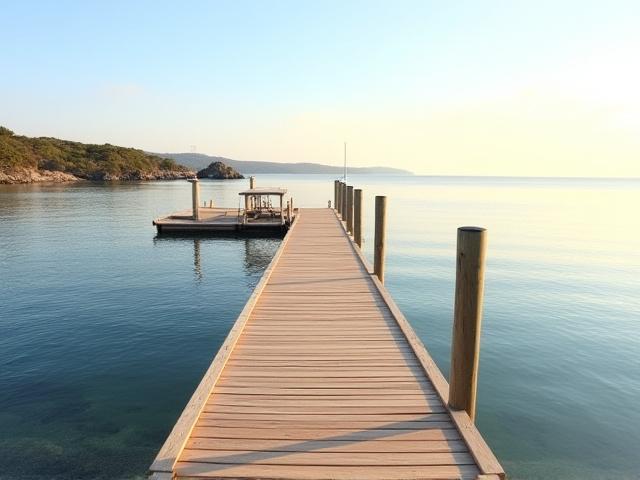 穏やかな水辺に建つ美しい木製桟橋