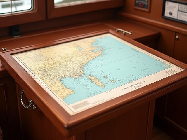 航海図が広がる美しい木製チャートテーブル